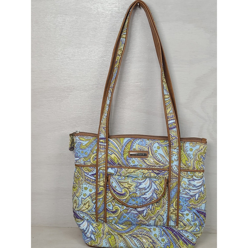 Longaberger Homestead Blue Green Paisley Quilted Tote Bag Faux‎ Leather Trim